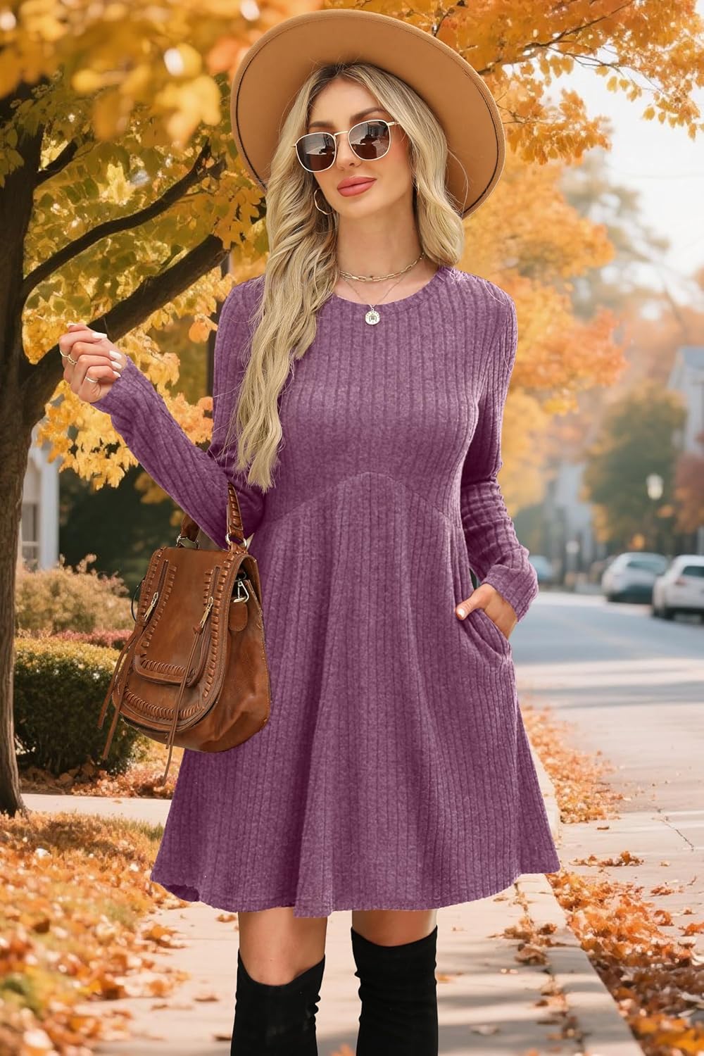 OFEEFAN Women’s Long-Sleeve Crew Neck Tunic Dress Empire Waist with Pockets