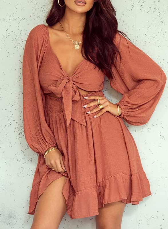 Dokotoo Women’s Long-Sleeve Lantern Dress Square Neck Tie-Back Ruffle A-Line Mini Dress with Elastic Waist, Sexy and Elegant