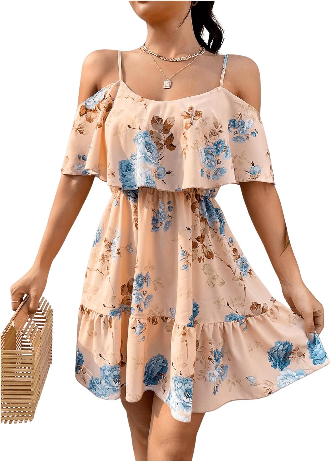 SOLY HUX Women’s Boho Floral Print Cold-Shoulder Dress Short-Sleeve Ruffle A-Line Mini Dress Elegant Vacation Wear