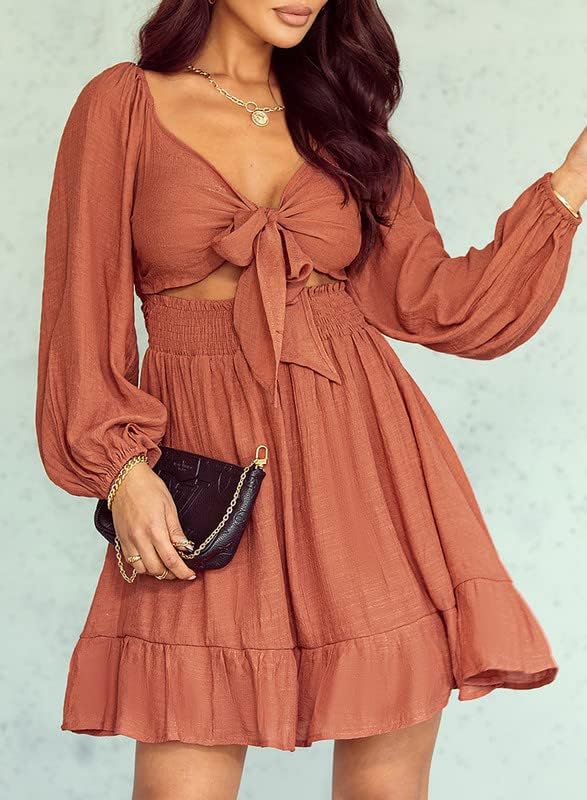 Dokotoo Women’s Long-Sleeve Lantern Dress Square Neck Tie-Back Ruffle A-Line Mini Dress with Elastic Waist, Sexy and Elegant