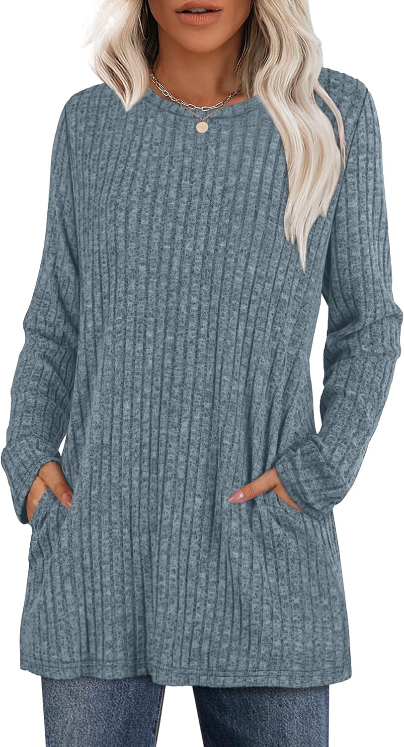 XIEERDUO Women’s Long-Sleeve Crewneck Tunic Tops Loose-Fit Sweaters with Pockets Fall Fashion 2025