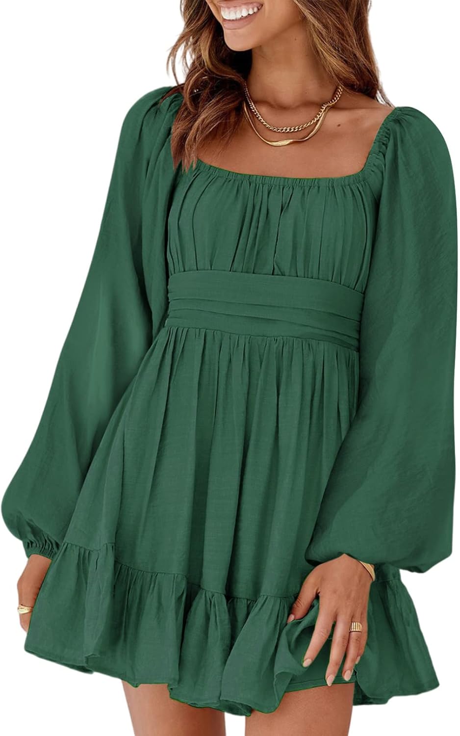 Dokotoo Women’s Long-Sleeve Lantern Dress Square Neck Tie-Back Ruffle A-Line Mini Dress with Elastic Waist, Sexy and Elegant