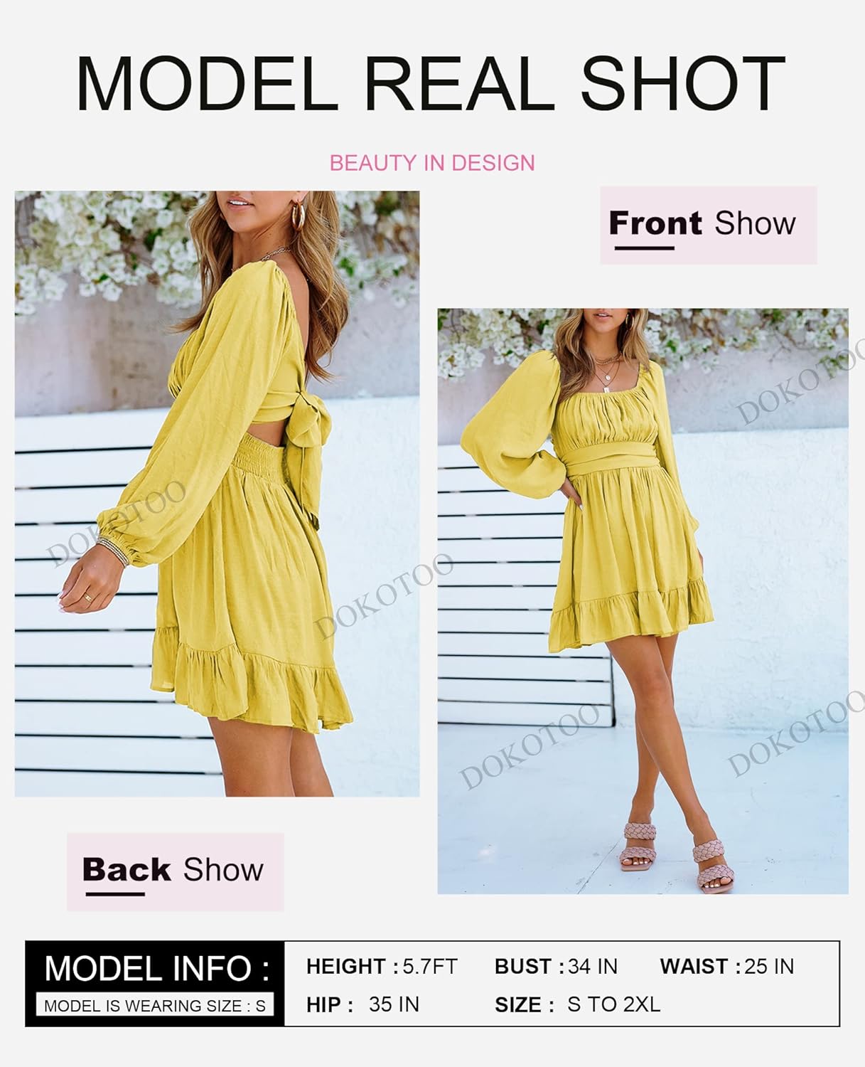 Dokotoo Women’s Long-Sleeve Lantern Dress Square Neck Tie-Back Ruffle A-Line Mini Dress with Elastic Waist, Sexy and Elegant