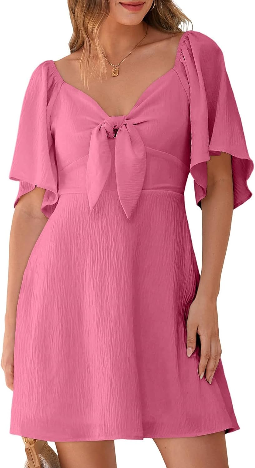 Dokotoo Women’s 2025 Summer & Fall Deep V-Neck Mini Dress with Elegant Bow Tie, Available in Sizes S–XL