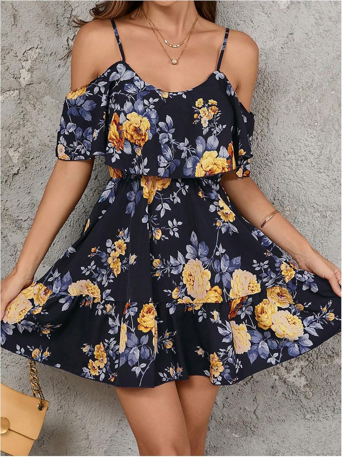 SOLY HUX Women’s Boho Floral Print Cold-Shoulder Dress Short-Sleeve Ruffle A-Line Mini Dress Elegant Vacation Wear
