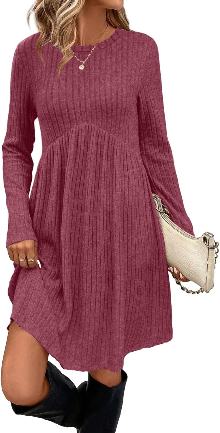 OFEEFAN Women’s Long-Sleeve Crew Neck Tunic Dress Empire Waist with Pockets