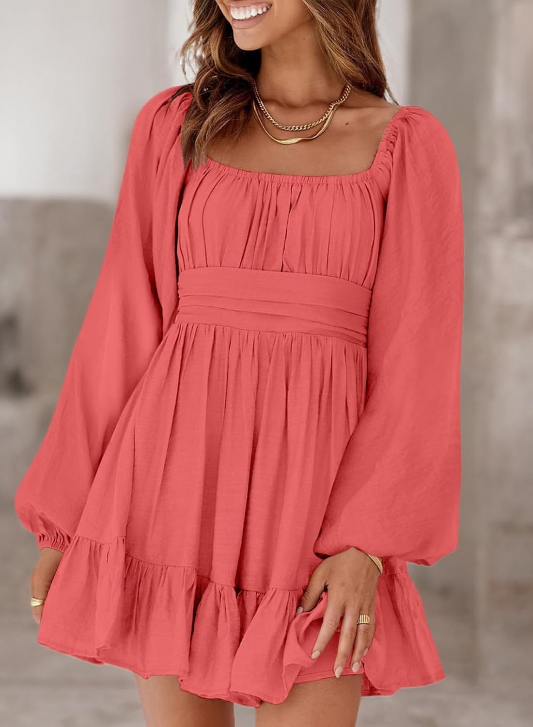 Dokotoo Women’s Long-Sleeve Lantern Dress Square Neck Tie-Back Ruffle A-Line Mini Dress with Elastic Waist, Sexy and Elegant