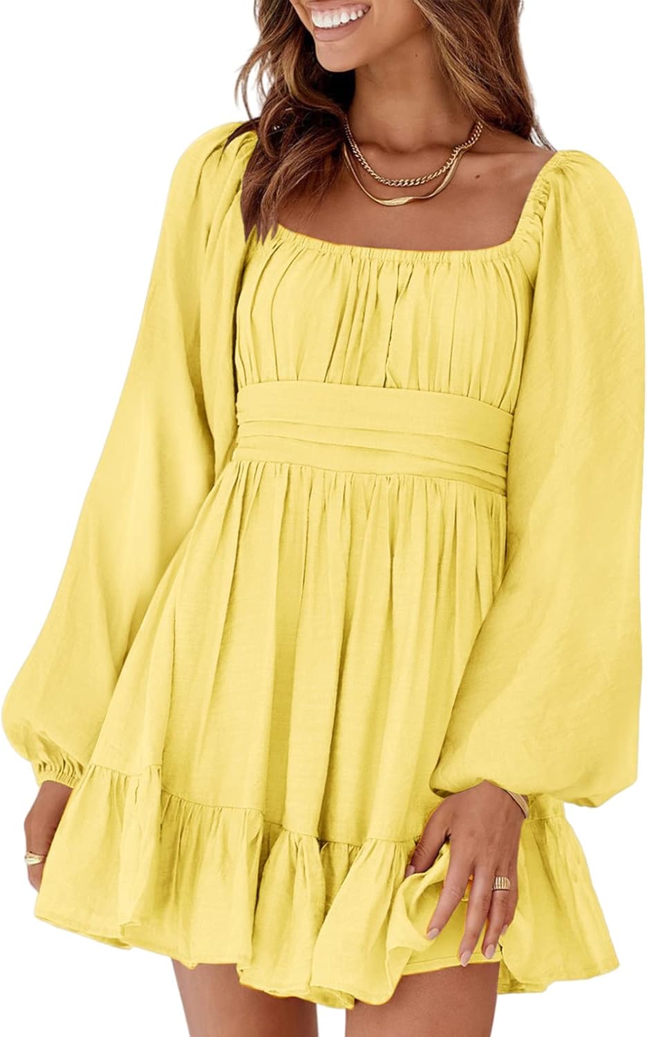 Dokotoo Women’s Long-Sleeve Lantern Dress Square Neck Tie-Back Ruffle A-Line Mini Dress with Elastic Waist, Sexy and Elegant