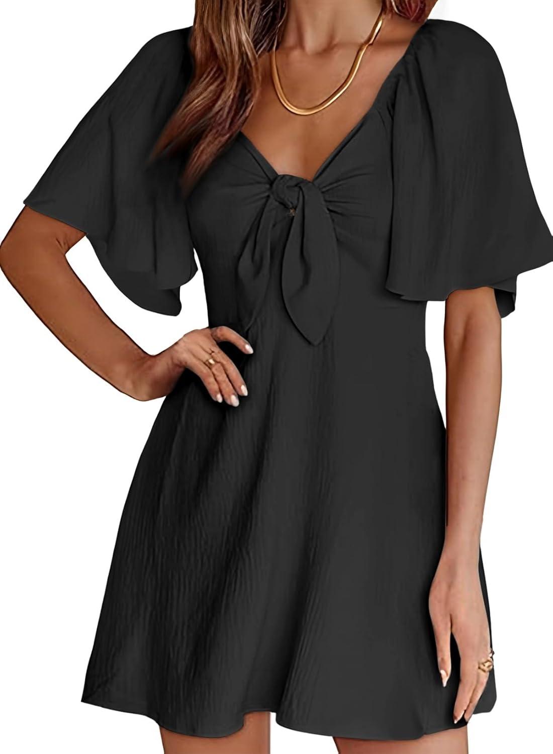 Dokotoo Women’s 2025 Summer & Fall Deep V-Neck Mini Dress with Elegant Bow Tie, Available in Sizes S–XL