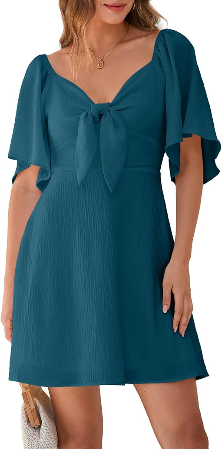 Dokotoo Women’s 2025 Summer & Fall Deep V-Neck Mini Dress with Elegant Bow Tie, Available in Sizes S–XL