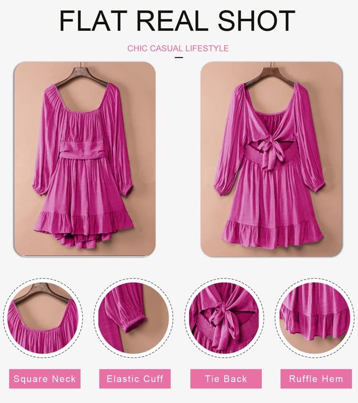 Dokotoo Women’s Long-Sleeve Lantern Dress Square Neck Tie-Back Ruffle A-Line Mini Dress with Elastic Waist, Sexy and Elegant