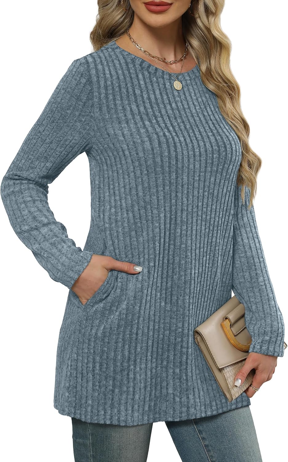 XIEERDUO Women’s Long-Sleeve Crewneck Tunic Tops Loose-Fit Sweaters with Pockets Fall Fashion 2025