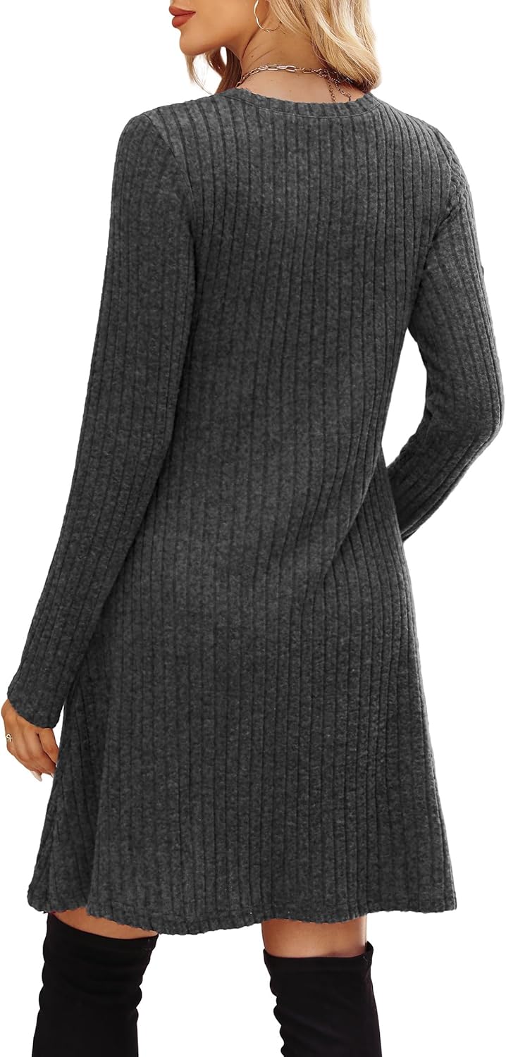 OFEEFAN Women’s Long-Sleeve Crew Neck Tunic Dress Empire Waist with Pockets