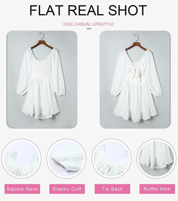 Dokotoo Women’s Long-Sleeve Lantern Dress Square Neck Tie-Back Ruffle A-Line Mini Dress with Elastic Waist, Sexy and Elegant