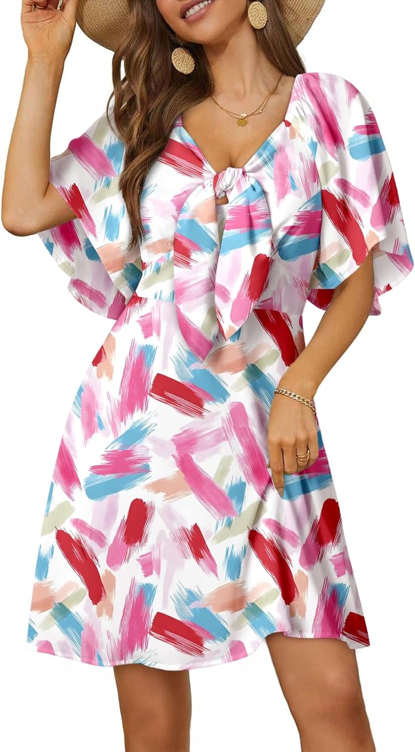 Dokotoo Women’s 2025 Summer & Fall Deep V-Neck Mini Dress with Elegant Bow Tie, Available in Sizes S–XL