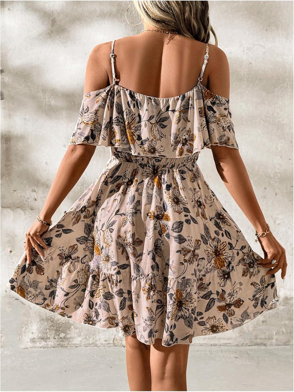 SOLY HUX Women’s Boho Floral Print Cold-Shoulder Dress Short-Sleeve Ruffle A-Line Mini Dress Elegant Vacation Wear