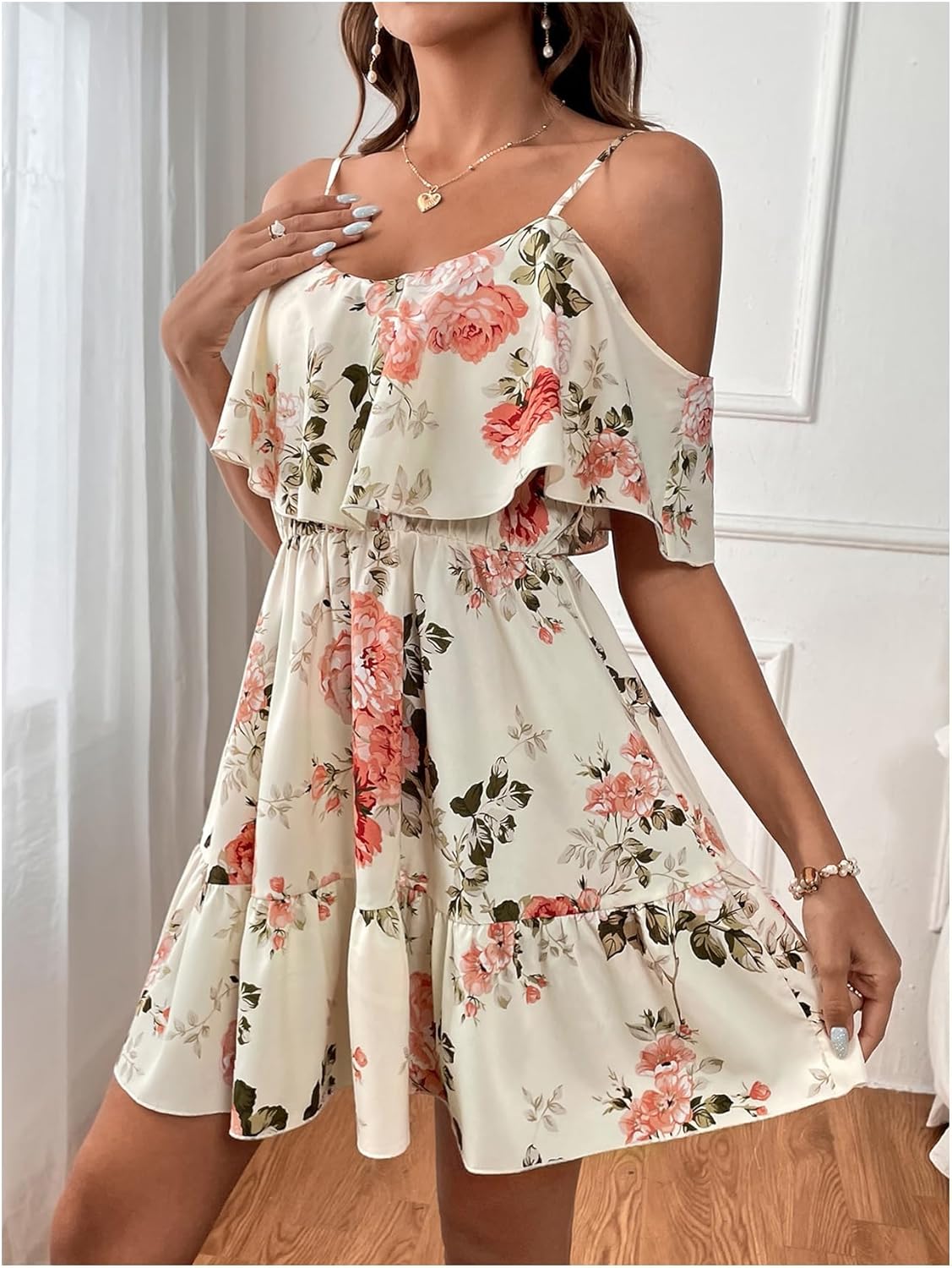 SOLY HUX Women’s Boho Floral Print Cold-Shoulder Dress Short-Sleeve Ruffle A-Line Mini Dress Elegant Vacation Wear