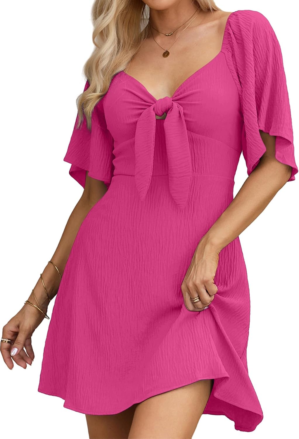 Dokotoo Women’s 2025 Summer & Fall Deep V-Neck Mini Dress with Elegant Bow Tie, Available in Sizes S–XL