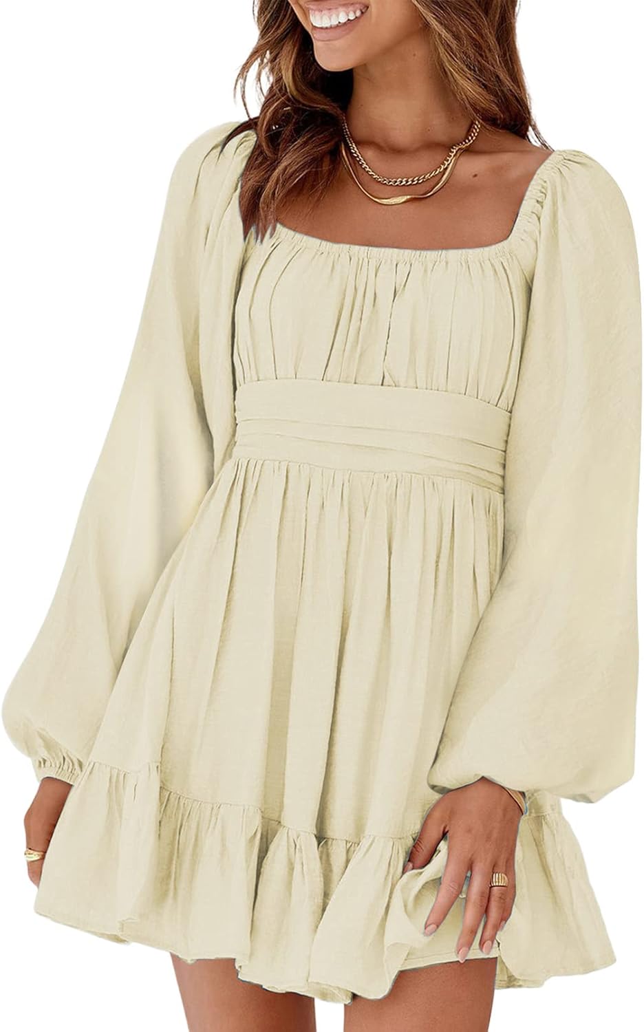 Dokotoo Women’s Long-Sleeve Lantern Dress Square Neck Tie-Back Ruffle A-Line Mini Dress with Elastic Waist, Sexy and Elegant