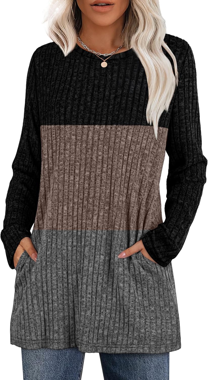 XIEERDUO Women’s Long-Sleeve Crewneck Tunic Tops Loose-Fit Sweaters with Pockets Fall Fashion 2025