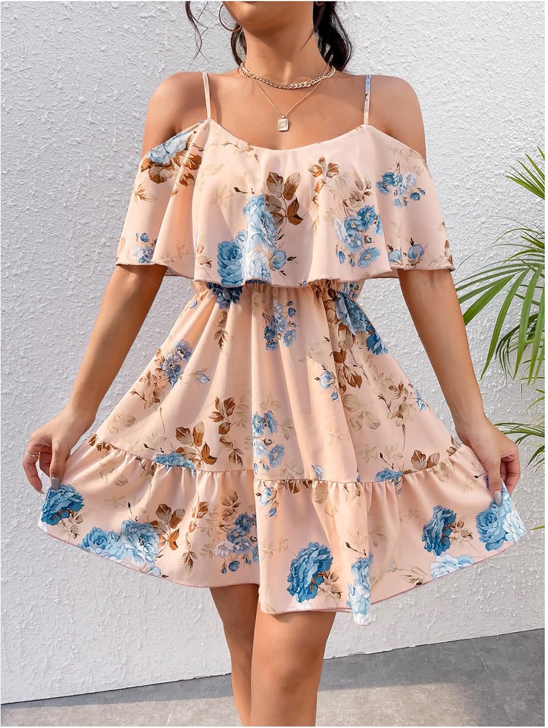 SOLY HUX Women’s Boho Floral Print Cold-Shoulder Dress Short-Sleeve Ruffle A-Line Mini Dress Elegant Vacation Wear