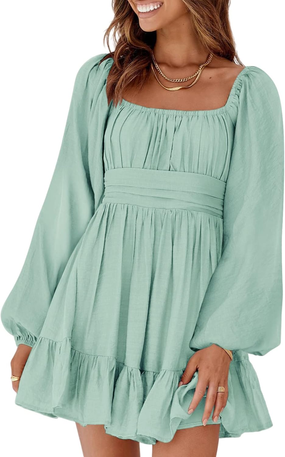 Dokotoo Women’s Long-Sleeve Lantern Dress Square Neck Tie-Back Ruffle A-Line Mini Dress with Elastic Waist, Sexy and Elegant