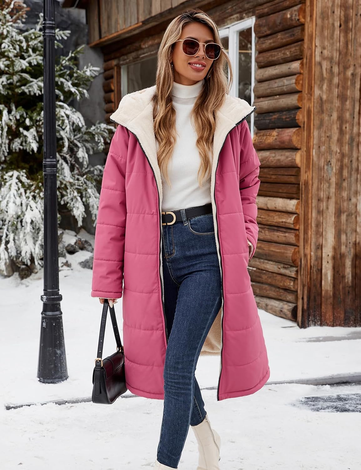 Yusongirl Women's Long Winter Puffer Coat Sherpa Fleece Lined Hooded Down Jacket Oversized Warm Parka