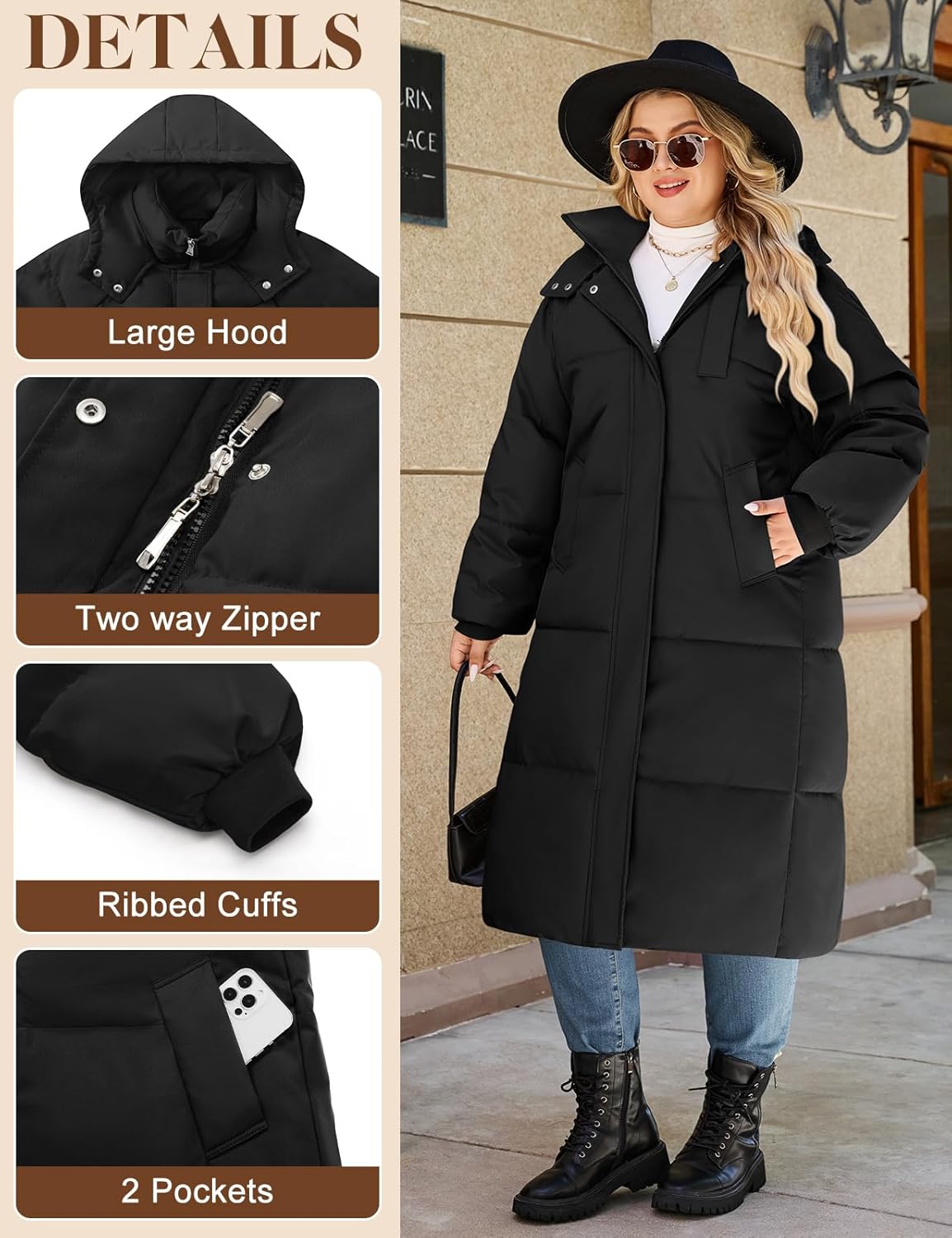 Women's Plus-Size Hooded Long Winter Puffer Coat Quilted Water-Resistant Warm Parka Outerwear 2025