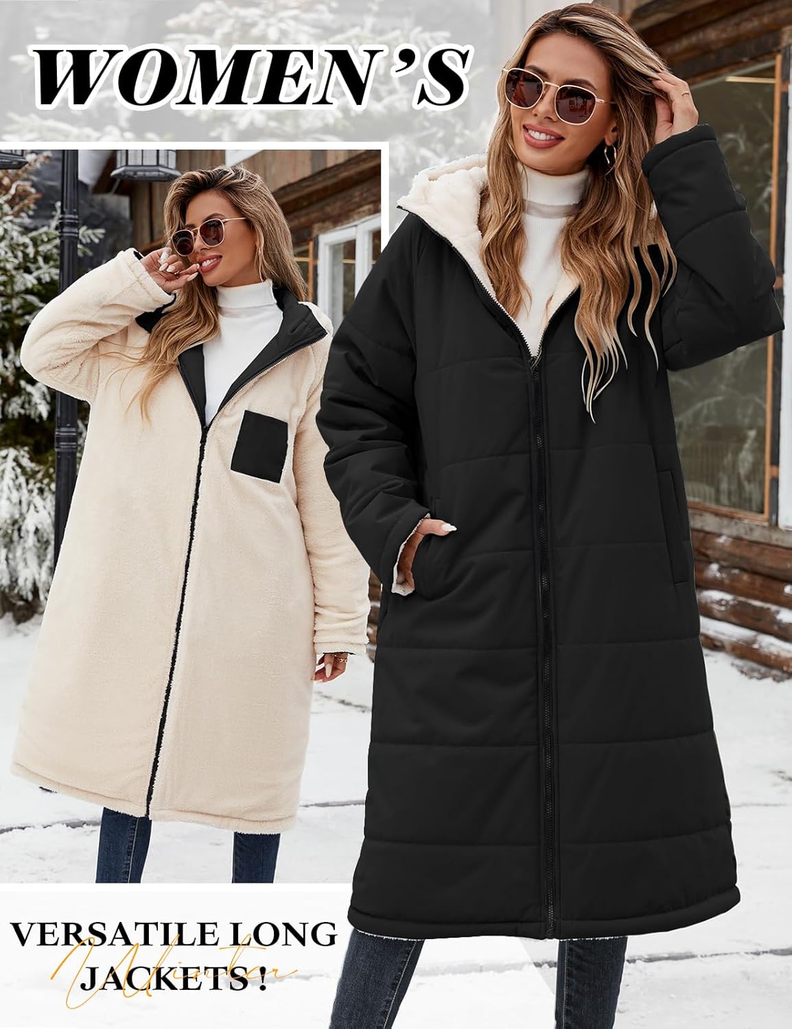 Yusongirl Women's Long Winter Puffer Coat Sherpa Fleece Lined Hooded Down Jacket Oversized Warm Parka