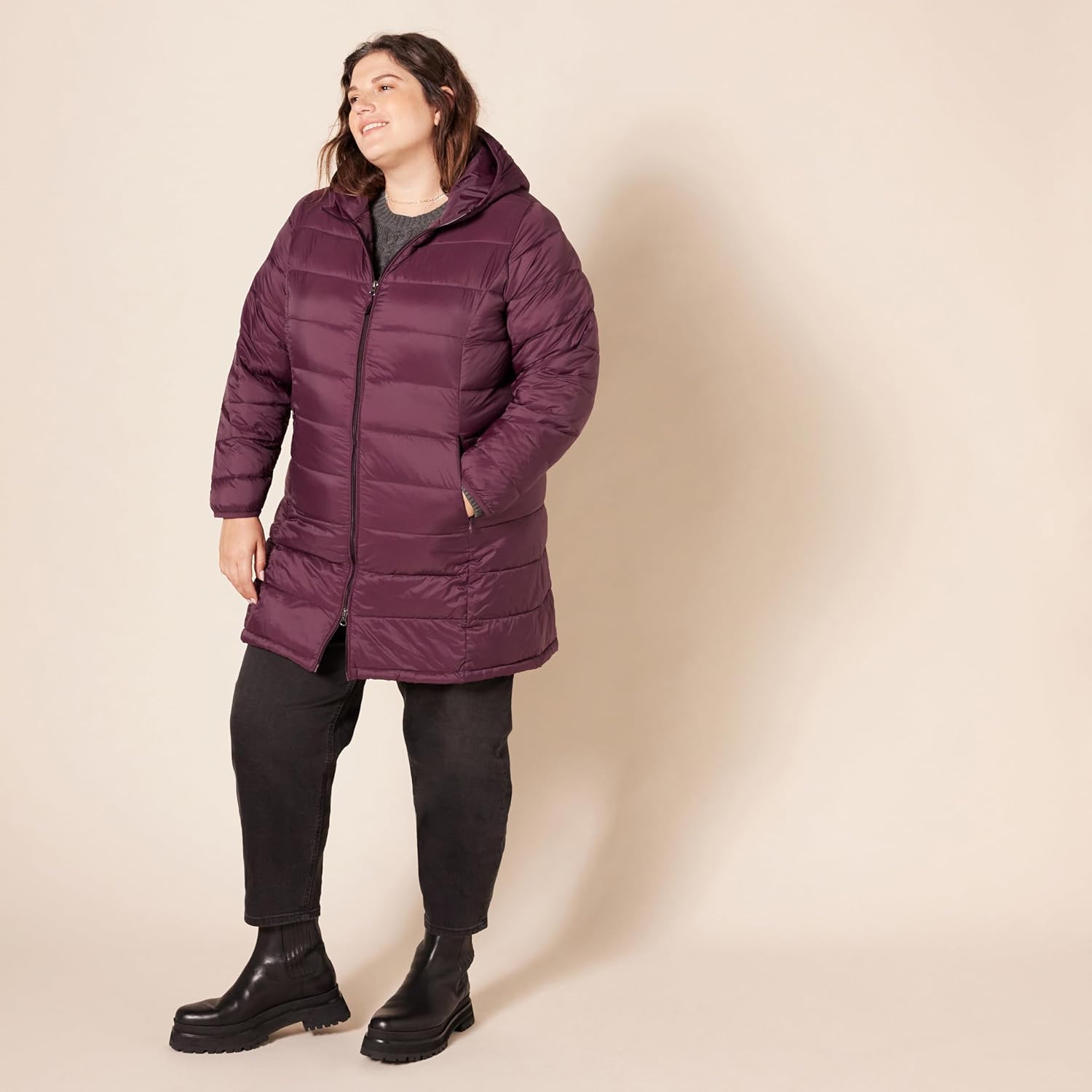 Essentials Women’s Lightweight Packable Hooded Puffer Coat – Water-Resistant, Plus Sizes Available