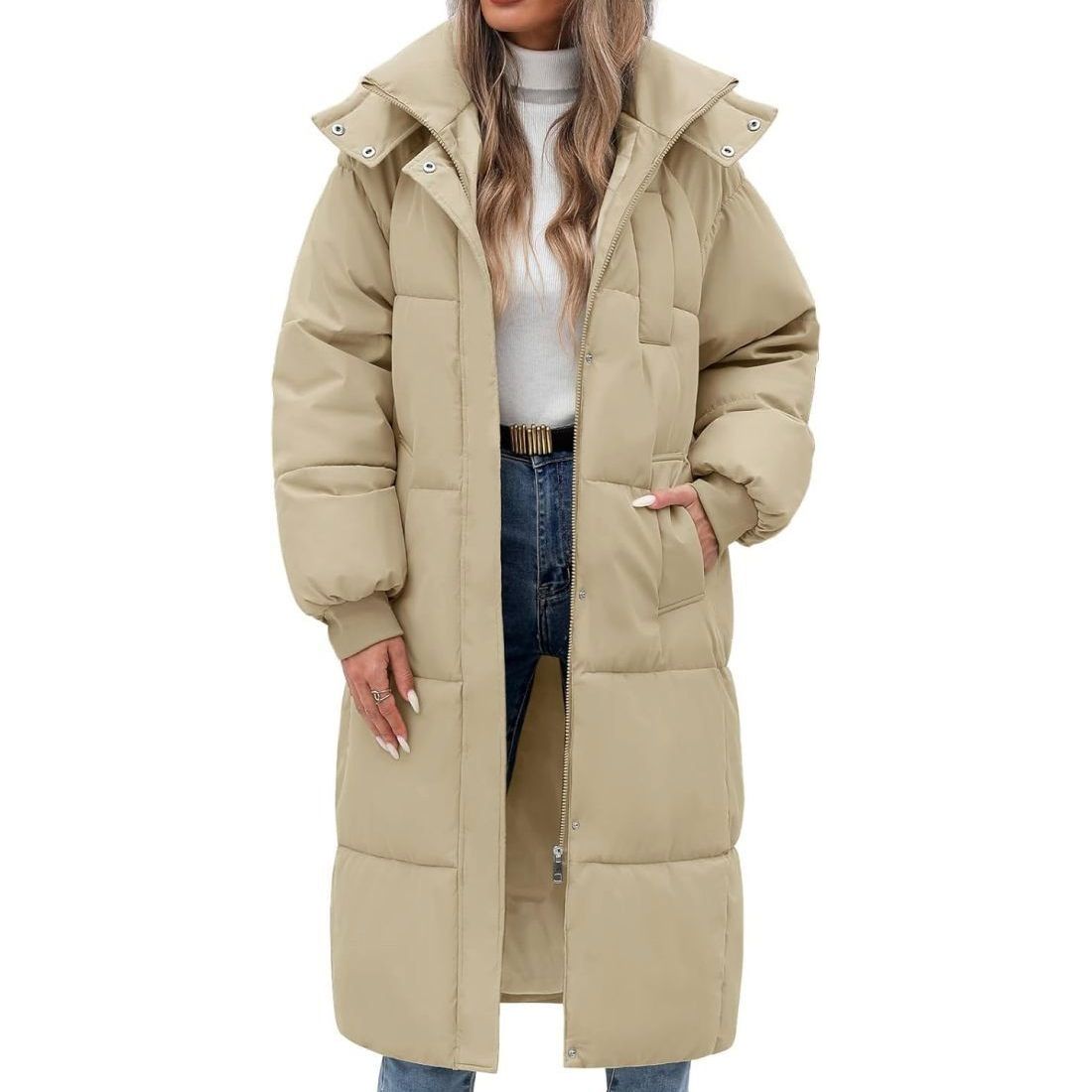Women’s Hooded Long Winter Puffer Coat Warm Down Parka Water-Resistant Zip-Up Jacket with Decorative Pockets