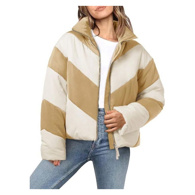 Tankaneo Women's Oversized Color Block Cropped Puffer Jacket Zip-Up Winter Down Coat