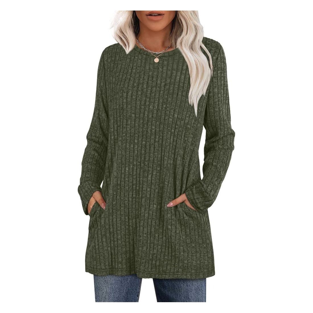 XIEERDUO Women’s Long-Sleeve Crewneck Tunic Tops Loose-Fit Sweaters with Pockets Fall Fashion 2025