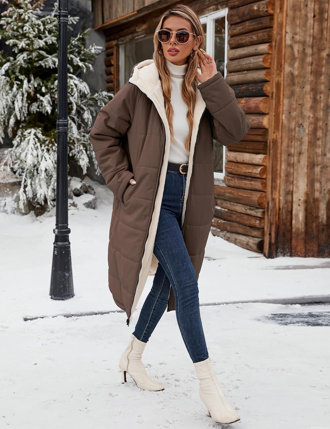 Yusongirl Women's Long Winter Puffer Coat Sherpa Fleece Lined Hooded Down Jacket Oversized Warm Parka