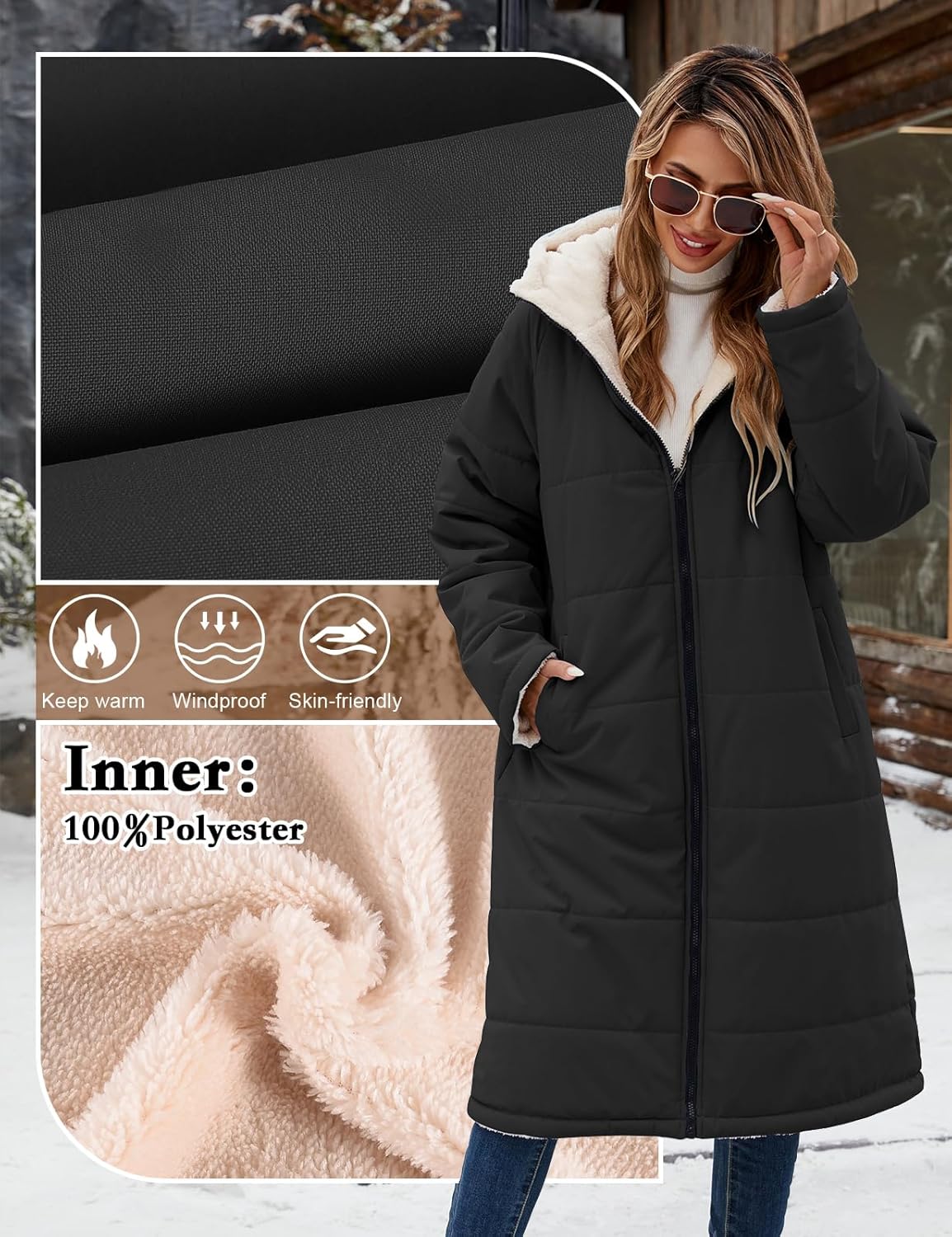Yusongirl Women's Long Winter Puffer Coat Sherpa Fleece Lined Hooded Down Jacket Oversized Warm Parka