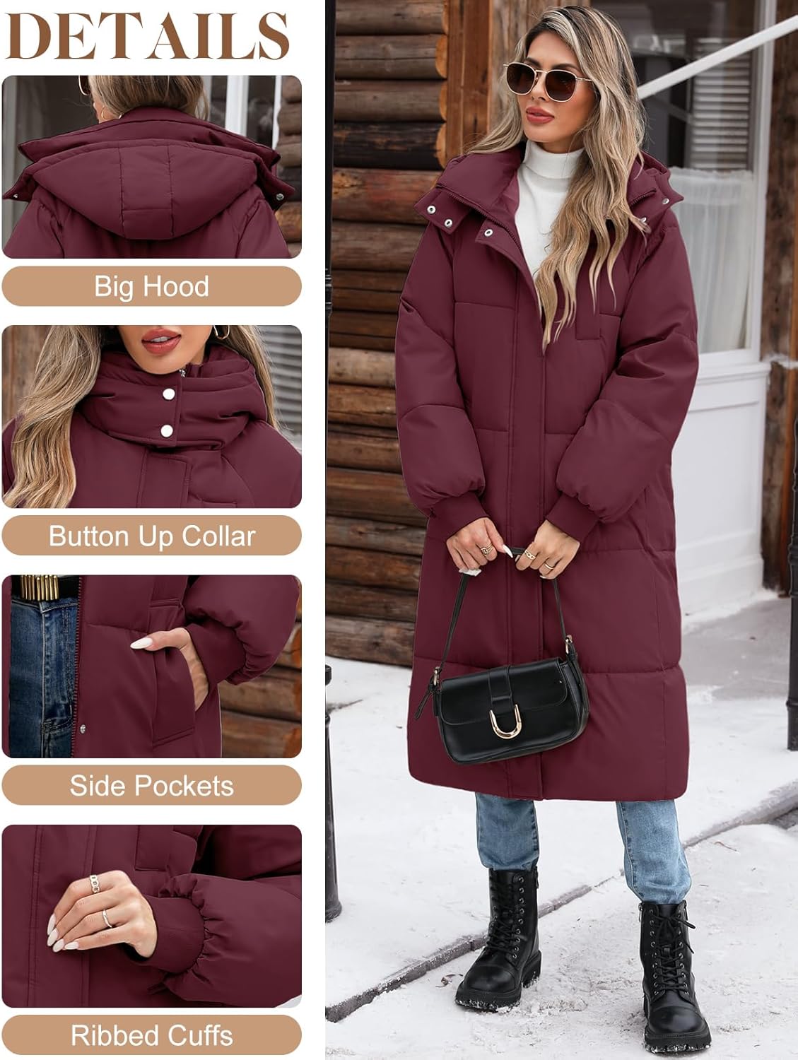 Women’s Hooded Long Winter Puffer Coat Warm Down Parka Water-Resistant Zip-Up Jacket with Decorative Pockets
