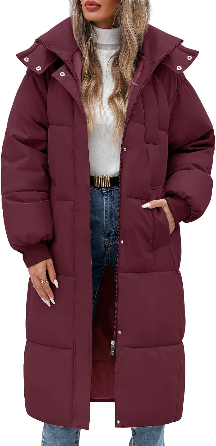 Women’s Hooded Long Winter Puffer Coat Warm Down Parka Water-Resistant Zip-Up Jacket with Decorative Pockets