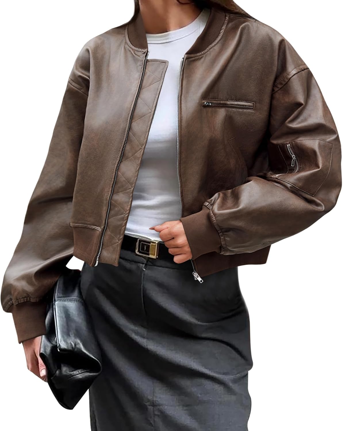 Cicy Bell Women’s Faux Leather Bomber Jacket – Cropped Biker Coat with Baseball Collar, Zip-Up Closure, and Pockets
