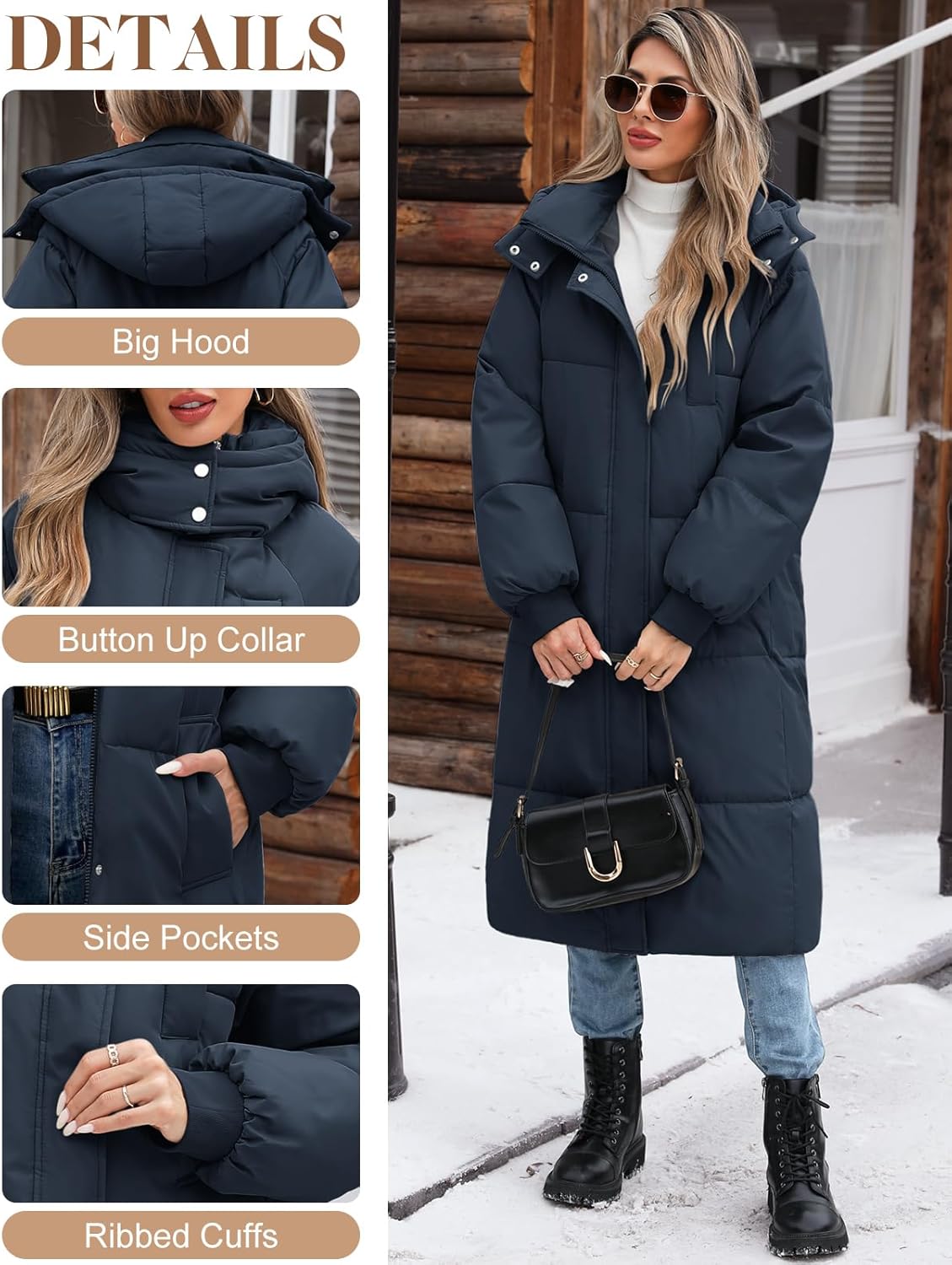 Women’s Hooded Long Winter Puffer Coat Warm Down Parka Water-Resistant Zip-Up Jacket with Decorative Pockets
