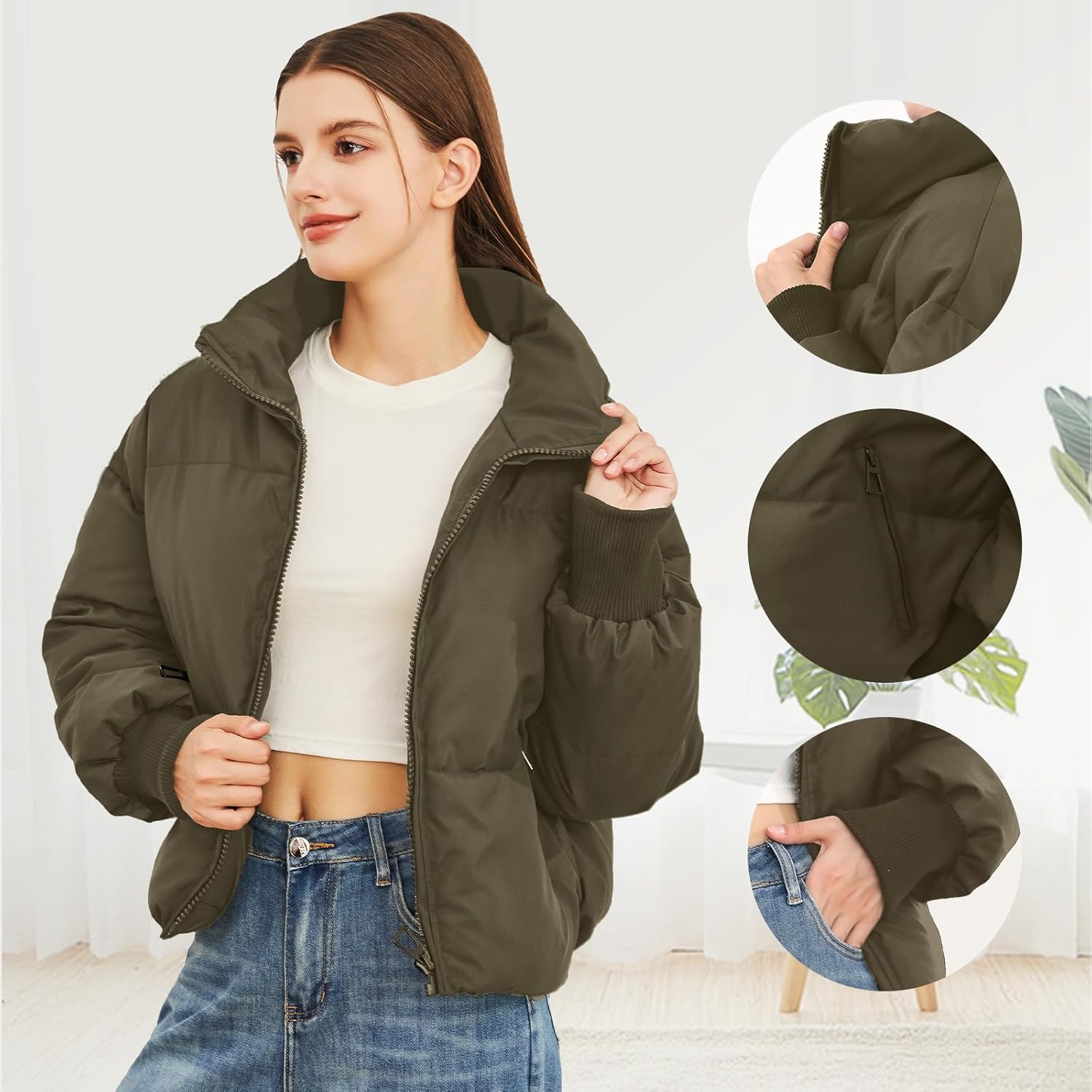 Women’s Cropped Winter Puffer Jacket Casual Quilted Baggy Long-Sleeve Zip-Up Outerwear – Dark Green, US Alpha Medium, Regular