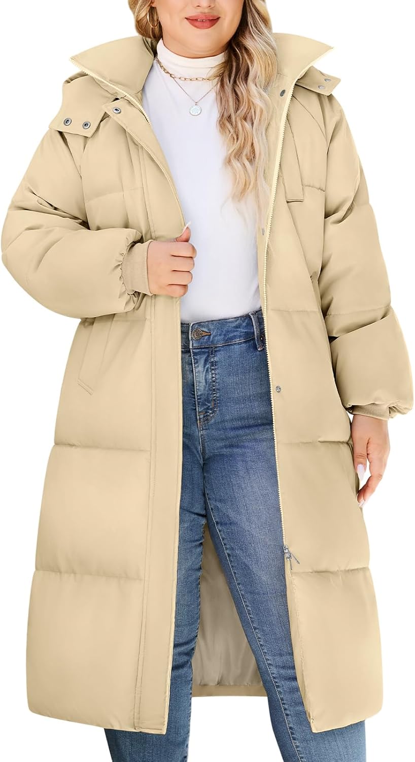 Women's Plus-Size Hooded Long Winter Puffer Coat Quilted Water-Resistant Warm Parka Outerwear 2025