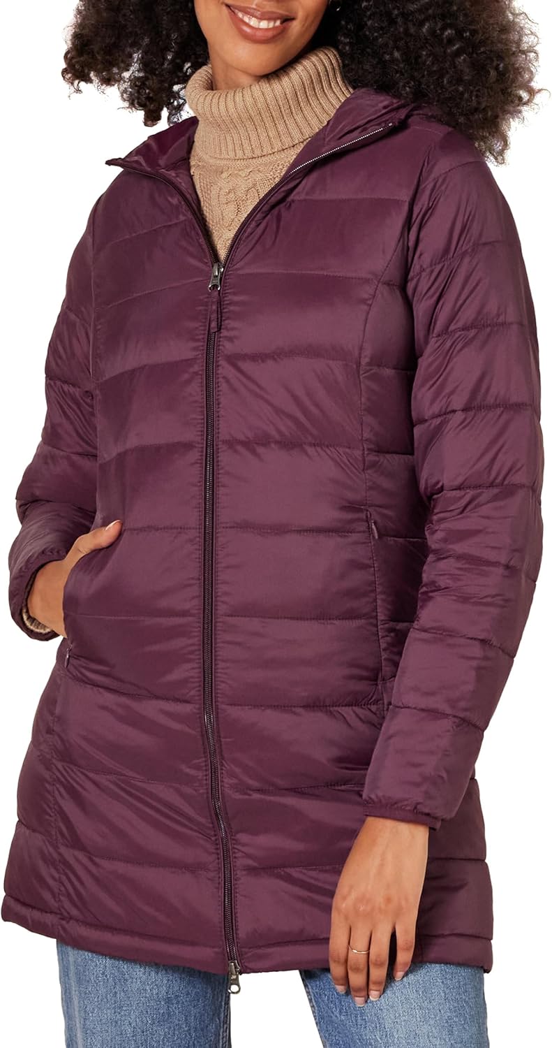 Essentials Women’s Lightweight Packable Hooded Puffer Coat – Water-Resistant, Plus Sizes Available