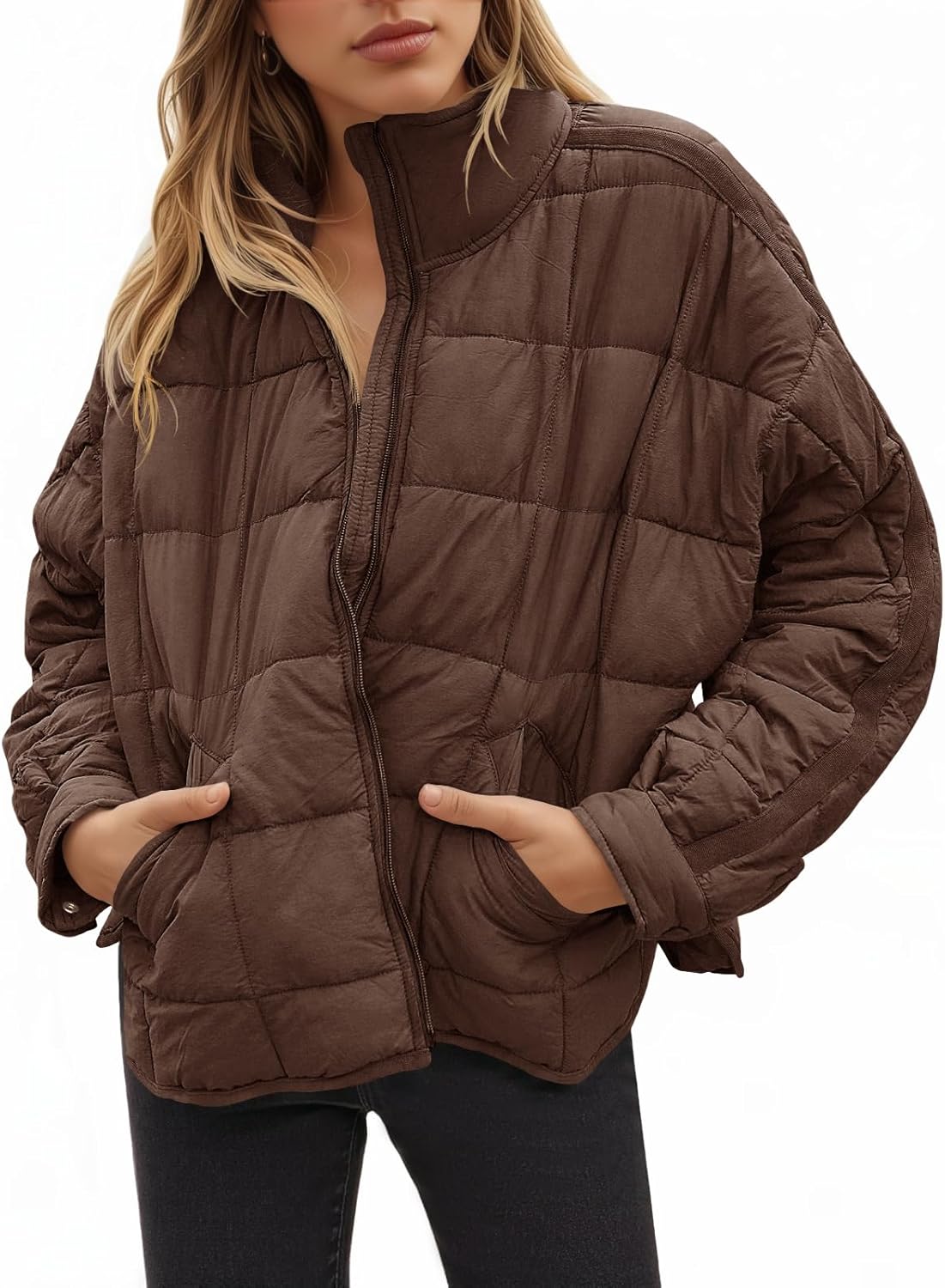 Aiopr Women's Oversized Lightweight Down Coat Long-Sleeve Zip-Up Packable Short Puffer Jacket