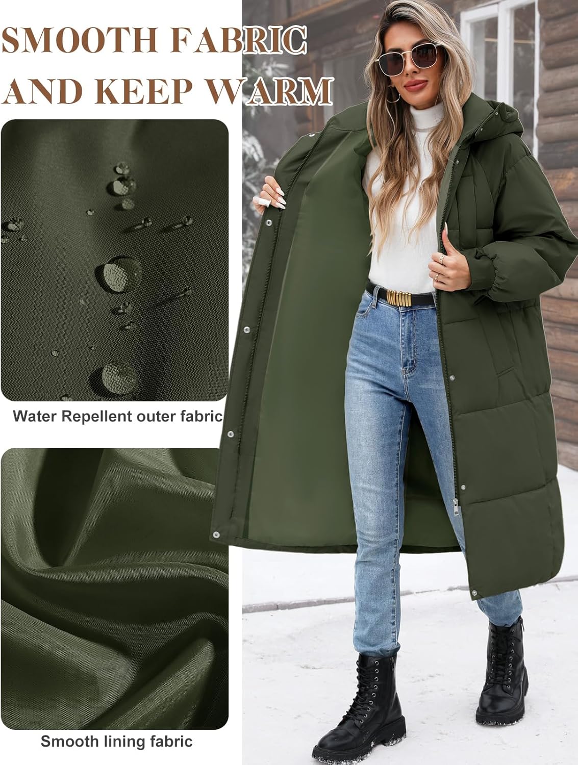 Women’s Hooded Long Winter Puffer Coat Warm Down Parka Water-Resistant Zip-Up Jacket with Decorative Pockets