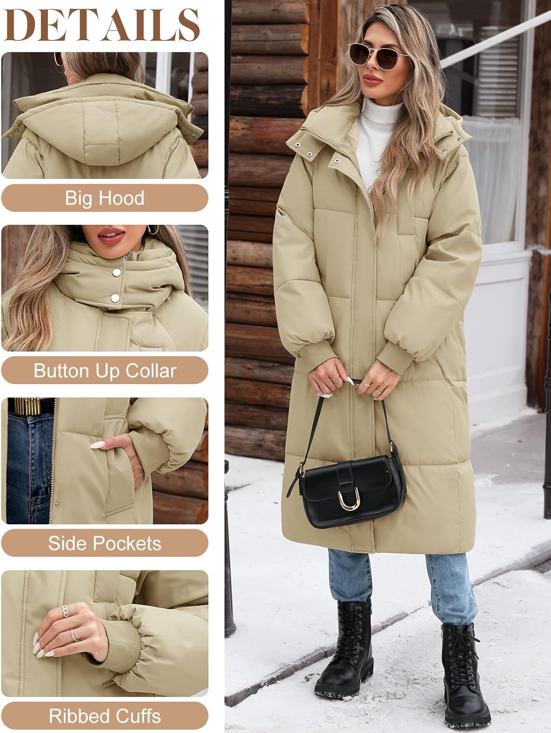 Women’s Hooded Long Winter Puffer Coat Warm Down Parka Water-Resistant Zip-Up Jacket with Decorative Pockets