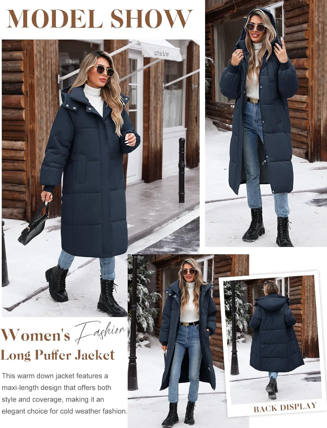 Women’s Hooded Long Winter Puffer Coat Warm Down Parka Water-Resistant Zip-Up Jacket with Decorative Pockets