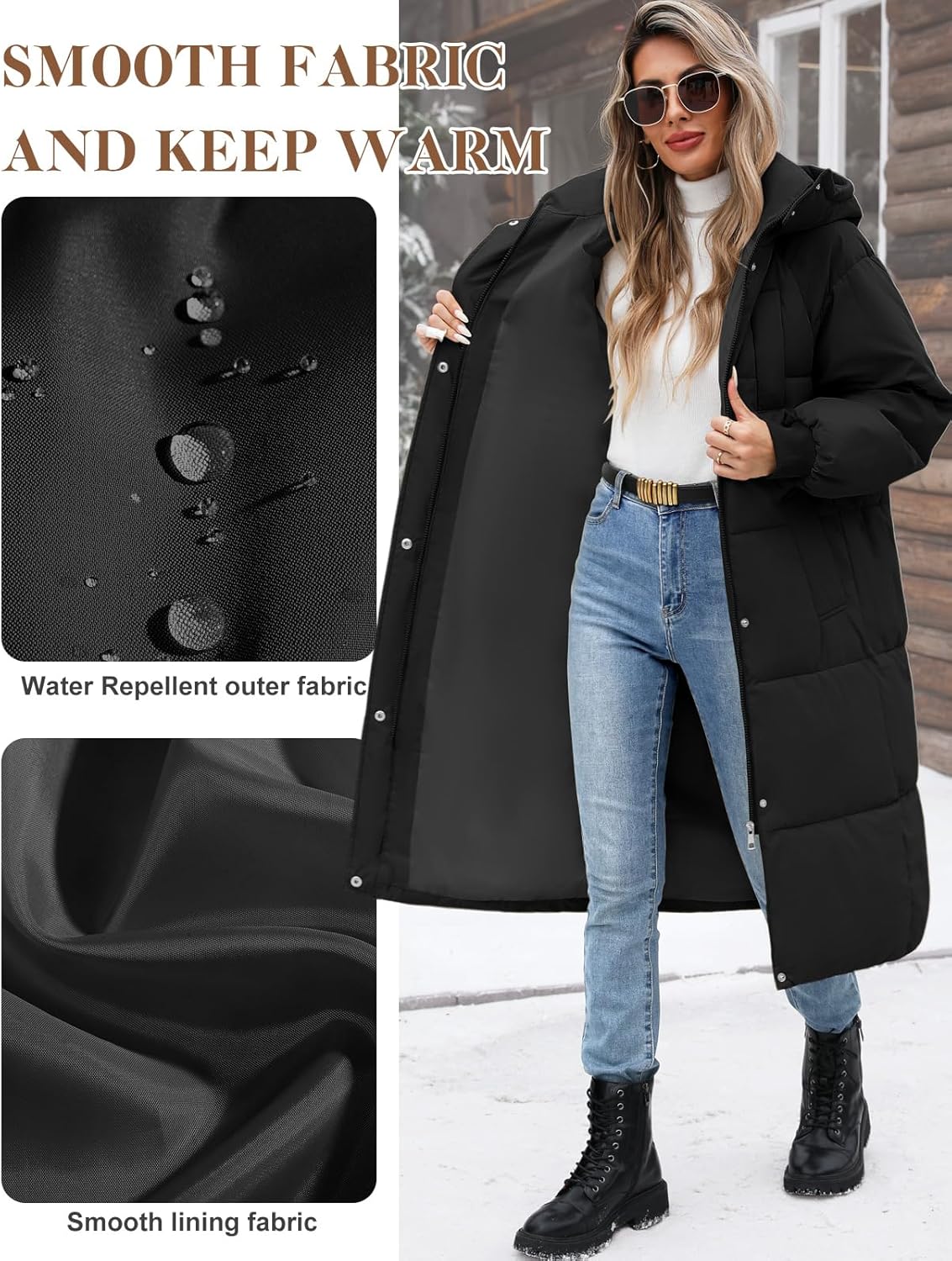 Women’s Hooded Long Winter Puffer Coat Warm Down Parka Water-Resistant Zip-Up Jacket with Decorative Pockets
