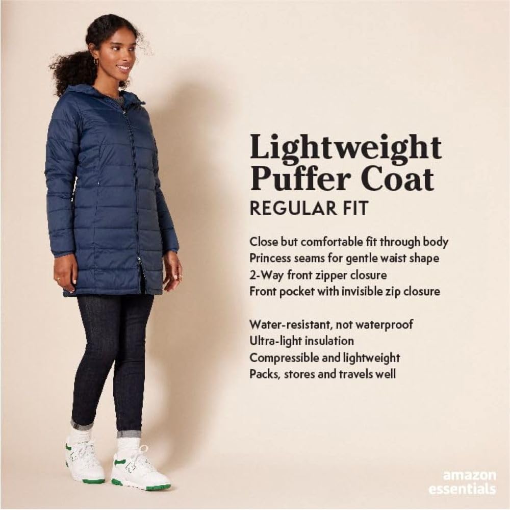 Essentials Women’s Lightweight Packable Hooded Puffer Coat – Water-Resistant, Plus Sizes Available