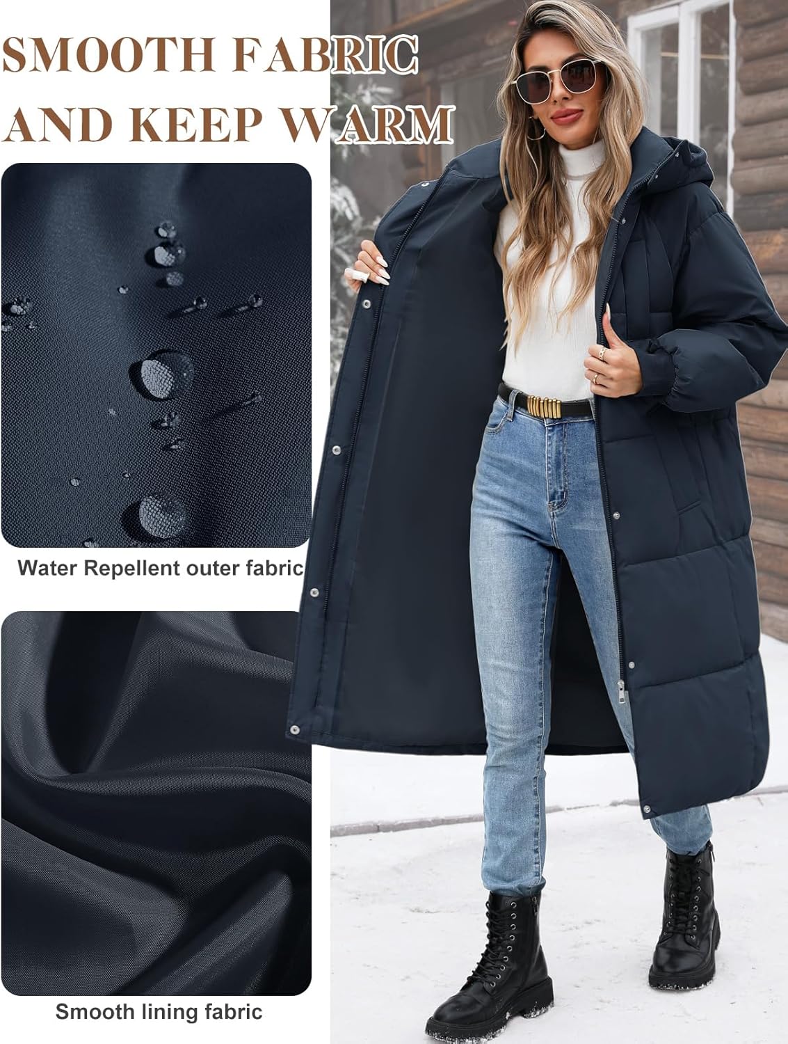 Women’s Hooded Long Winter Puffer Coat Warm Down Parka Water-Resistant Zip-Up Jacket with Decorative Pockets