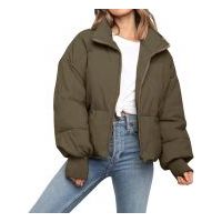 Women’s Cropped Winter Puffer Jacket Casual Quilted Baggy Long-Sleeve Zip-Up Outerwear – Dark Green, US Alpha Medium, Regular